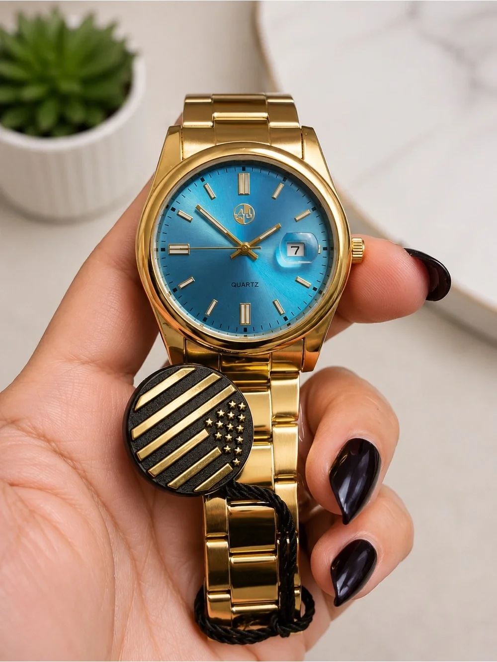 Original AJ Gold-Tone Quartz Watch – Stainless Steel | Date Display | Blue Dial